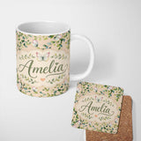 Personalized Custom Name Watercolor Butterflies Green Leaves Branches Seamless Pattern Warm 11oz Ceramic Coffee Tea Mug White Large Handle
