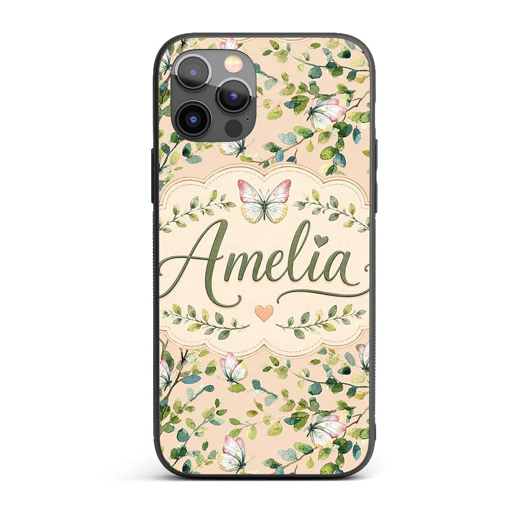 Watercolor Butterflies Green Leaves Branches Custom Name Protective Phone Case Mobile Cover Durable Everyday Smartphone Shock Resistant