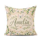 Custom Name Watercolor Butterflies Green Leaves Branches Pattern Square Filled Cushion Throw Pillow Sofa Bed Home Decor Zip Washable UK Made