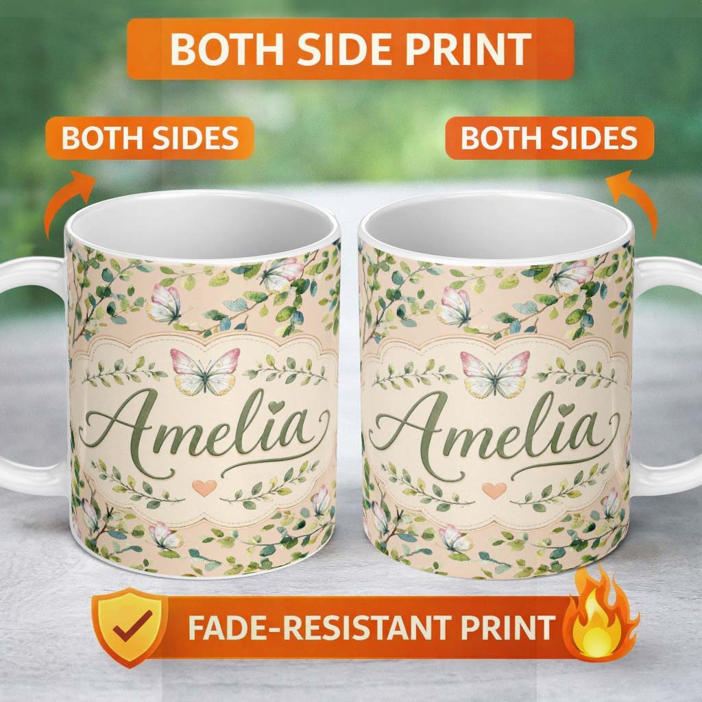 Personalized Custom Name Watercolor Butterflies Green Leaves Branches Seamless Pattern Warm 11oz Ceramic Coffee Tea Mug White Large Handle
