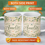 Personalized Custom Name Watercolor Butterflies Green Leaves Branches Seamless Pattern Warm 11oz Ceramic Coffee Tea Mug White Large Handle
