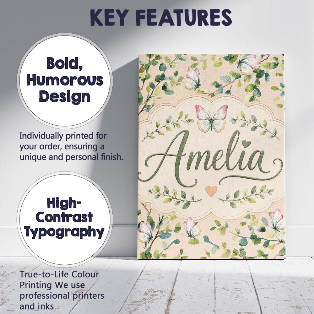Personalised Name Watercolor Butterflies Custom  Unique Gift Idea Elegant Feature Canvas Wall Art Print Decor Picture Ready to Hang