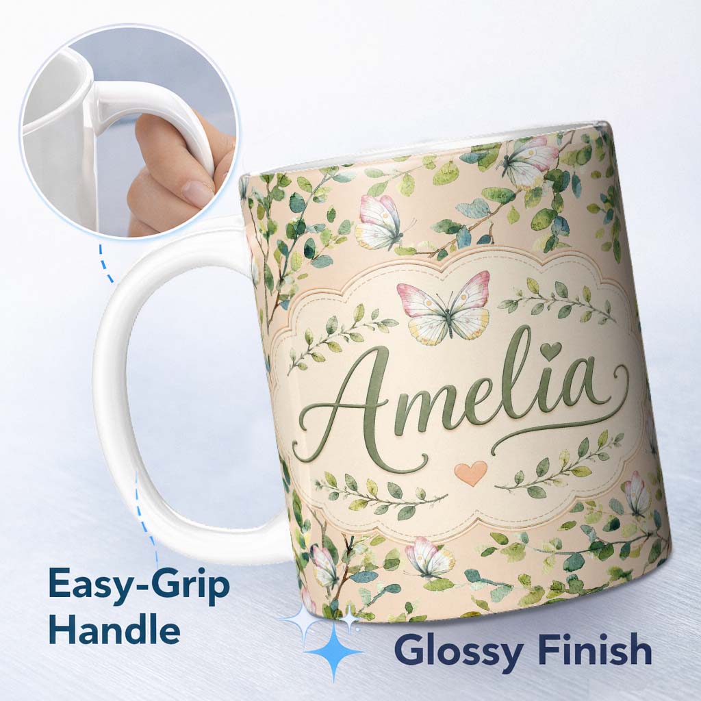 Personalized Custom Name Watercolor Butterflies Green Leaves Branches Seamless Pattern Warm 11oz Ceramic Coffee Tea Mug White Large Handle