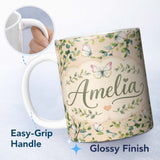 Personalized Custom Name Watercolor Butterflies Green Leaves Branches Seamless Pattern Warm 11oz Ceramic Coffee Tea Mug White Large Handle