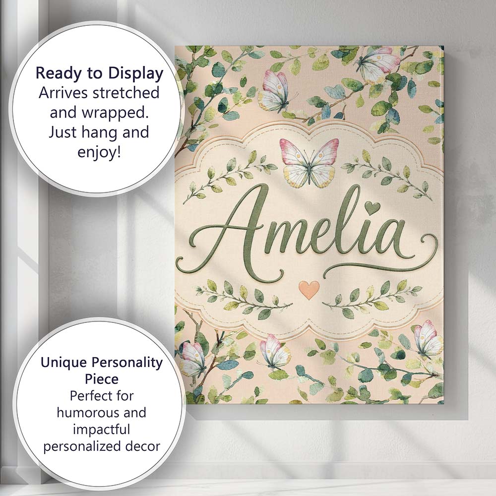 Personalised Name Watercolor Butterflies Custom  Unique Gift Idea Elegant Feature Canvas Wall Art Print Decor Picture Ready to Hang