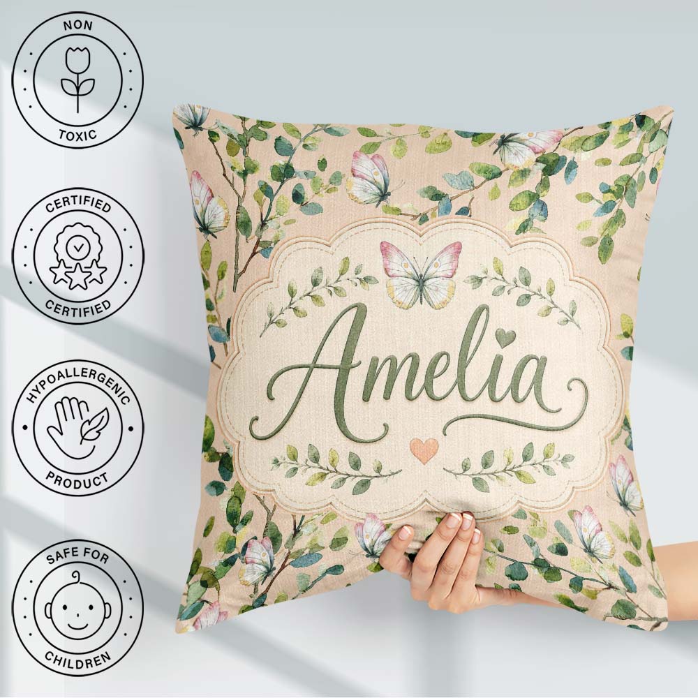 Custom Name Watercolor Butterflies Green Leaves Branches Pattern Square Filled Cushion Throw Pillow Sofa Bed Home Decor Zip Washable UK Made