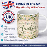 Personalized Custom Name Watercolor Butterflies Green Leaves Branches Seamless Pattern Warm 11oz Ceramic Coffee Tea Mug White Large Handle