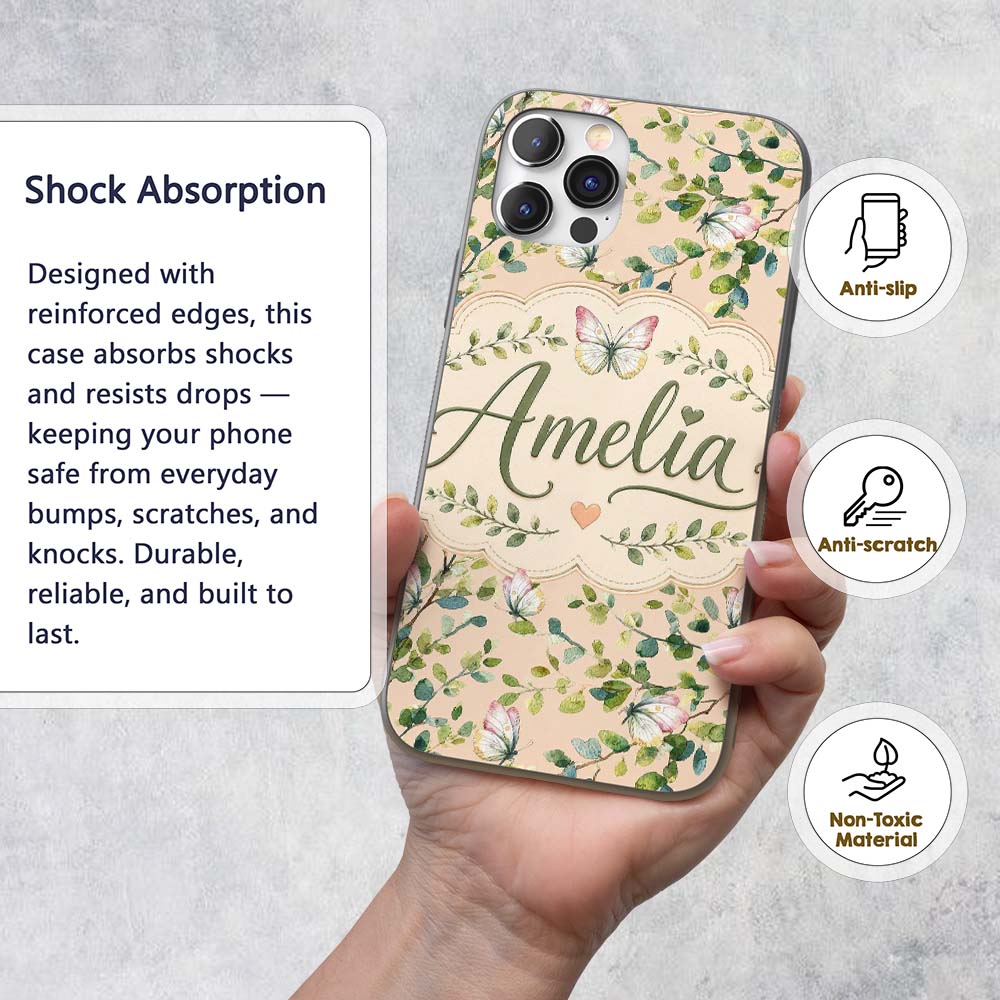 Watercolor Butterflies Green Leaves Branches Custom Name Protective Phone Case Mobile Cover Durable Everyday Smartphone Shock Resistant