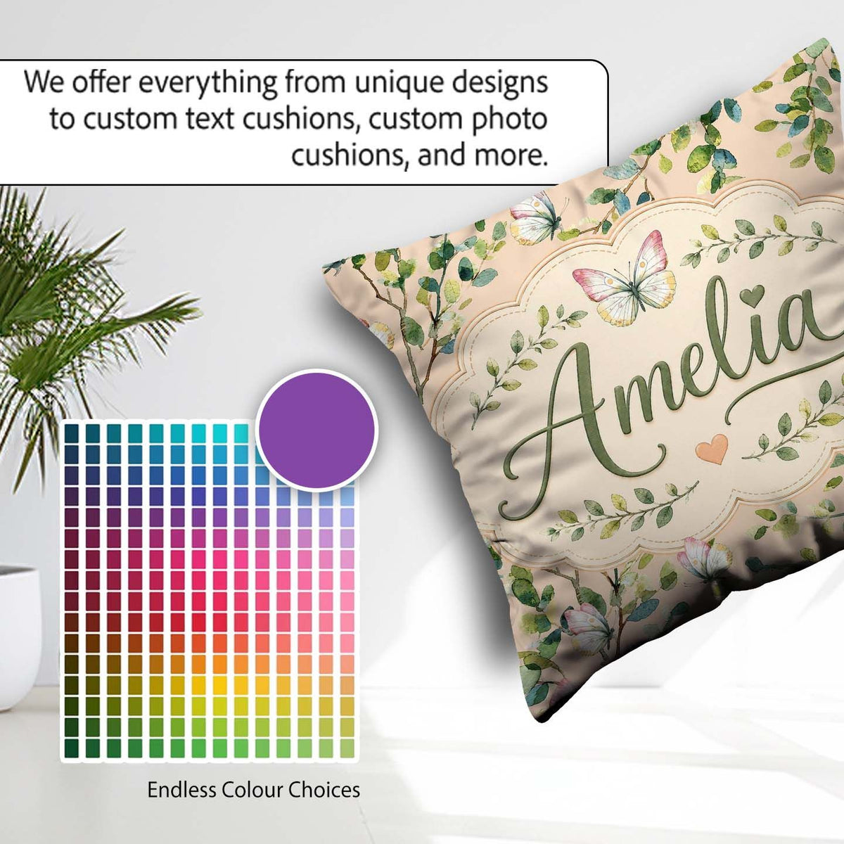 Custom Name Watercolor Butterflies Green Leaves Branches Pattern Square Filled Cushion Throw Pillow Sofa Bed Home Decor Zip Washable UK Made