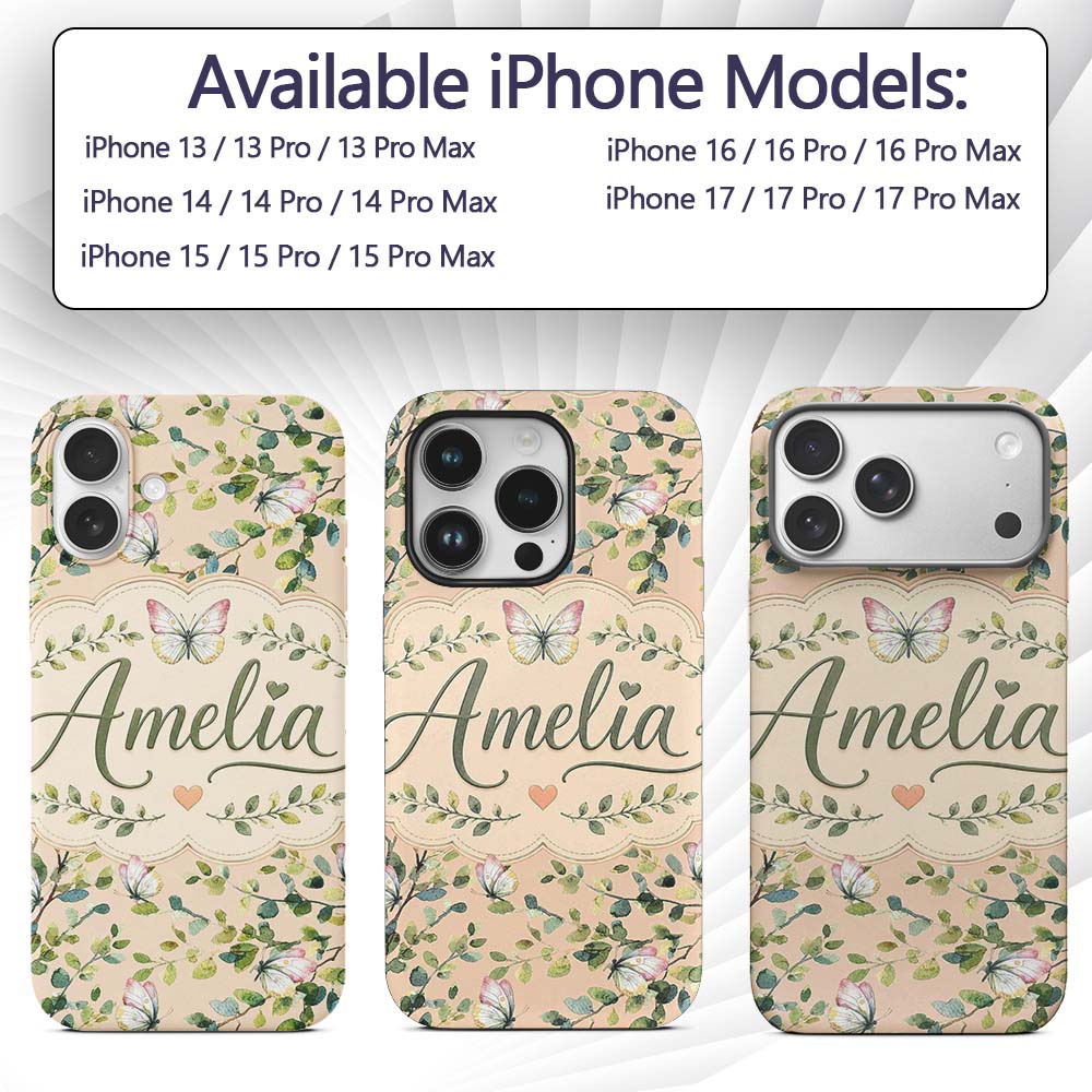 Watercolor Butterflies Green Leaves Branches Custom Name Protective Phone Case Mobile Cover Durable Everyday Smartphone Shock Resistant