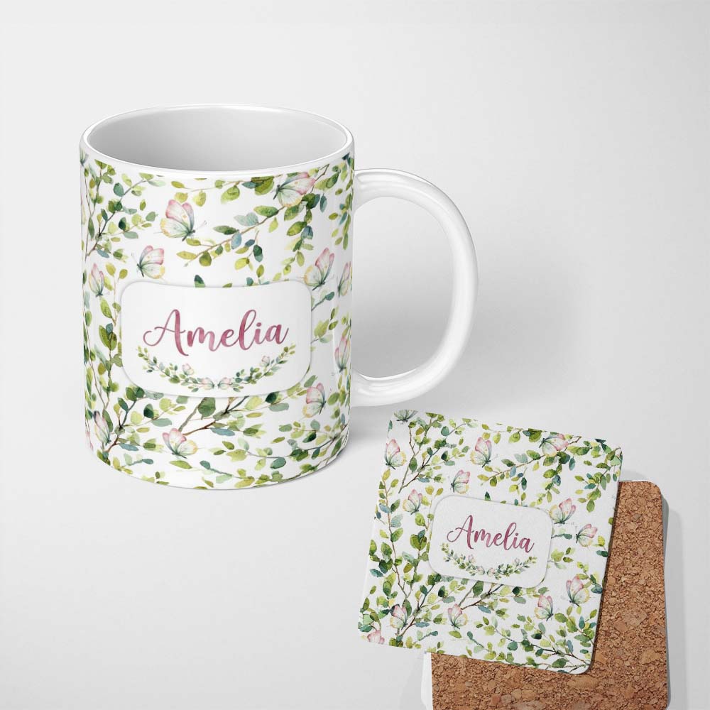 Personalized Custom Name Watercolor Butterflies Green Leaves Branches Seamless Pattern Soft 11oz Ceramic Coffee Tea Mug White Large Handle
