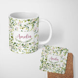 Personalized Custom Name Watercolor Butterflies Green Leaves Branches Seamless Pattern Soft 11oz Ceramic Coffee Tea Mug White Large Handle