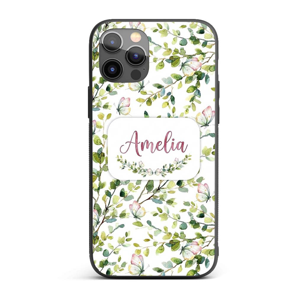Watercolor Butterflies Green Leaves Branches Custom Name Protective Phone Case Mobile Cover Durable Everyday Smartphone Shock Resistant