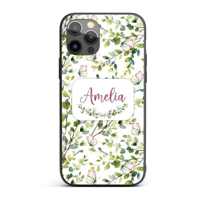Watercolor Butterflies Green Leaves Branches Custom Name Protective Phone Case Mobile Cover Durable Everyday Smartphone Shock Resistant
