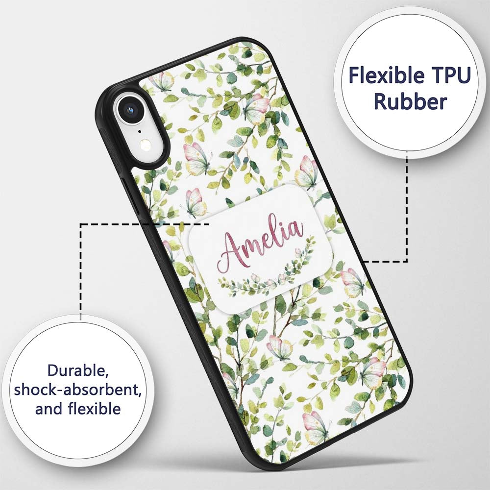 Watercolor Butterflies Green Leaves Branches Custom Name Protective Phone Case Mobile Cover Durable Everyday Smartphone Shock Resistant