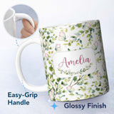 Personalized Custom Name Watercolor Butterflies Green Leaves Branches Seamless Pattern Soft 11oz Ceramic Coffee Tea Mug White Large Handle