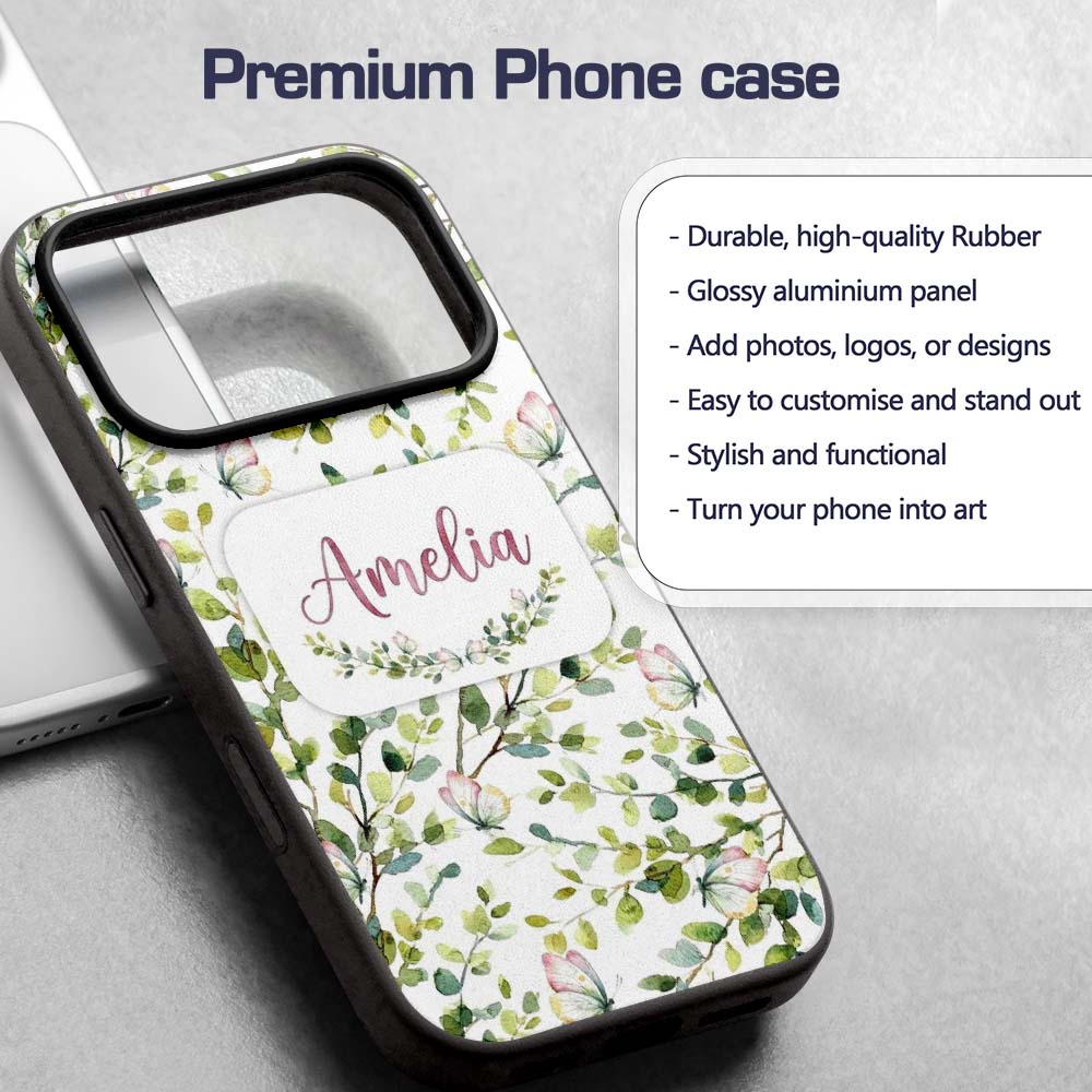 Watercolor Butterflies Green Leaves Branches Custom Name Protective Phone Case Mobile Cover Durable Everyday Smartphone Shock Resistant