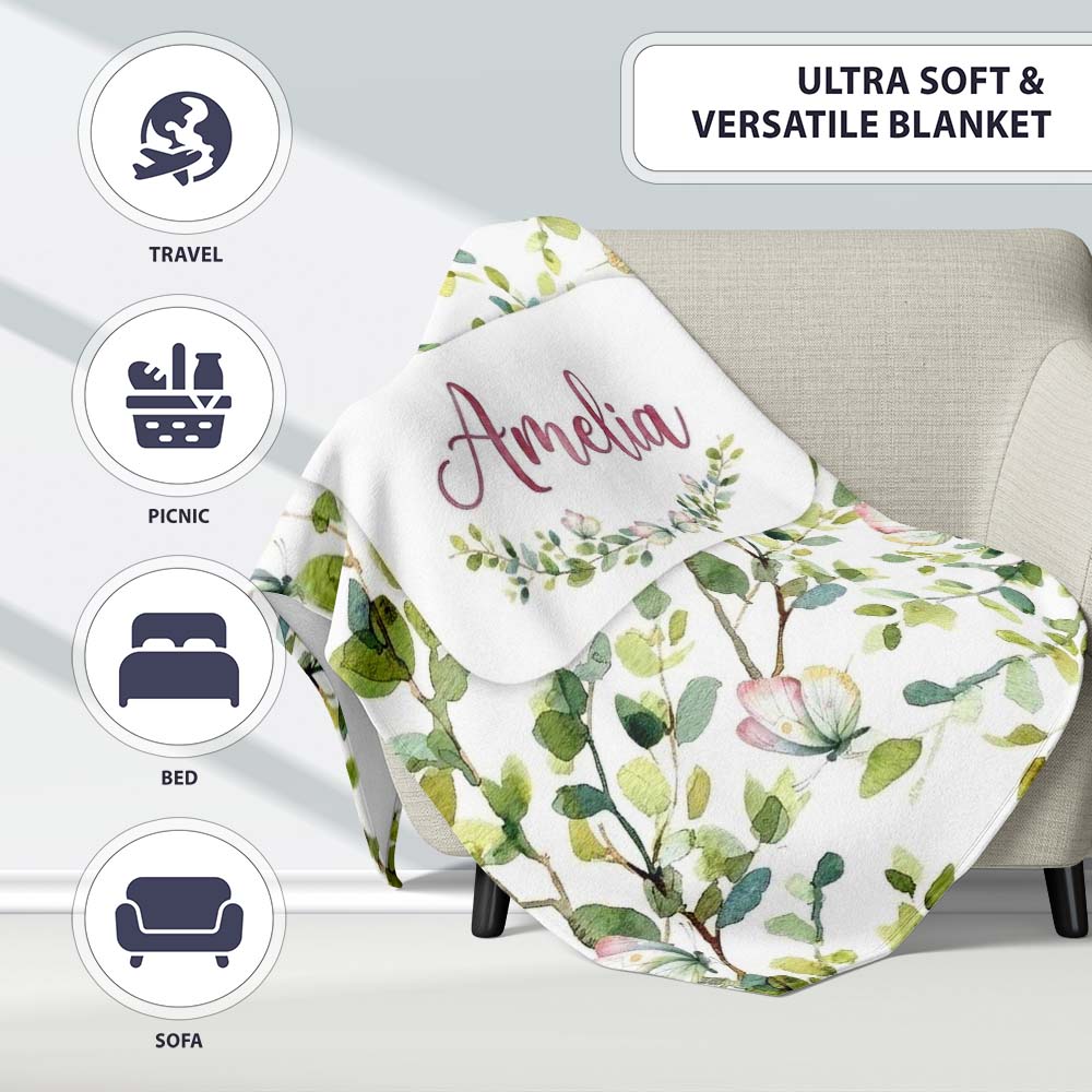 Watercolor Butterflies Green Leaves Branches Seamless Pattern Soft  Personalised Custom Name Super Soft Fleece Blanket Bed Sofa Throw