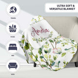 Watercolor Butterflies Green Leaves Branches Seamless Pattern Soft  Personalised Custom Name Super Soft Fleece Blanket Bed Sofa Throw