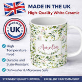 Personalized Custom Name Watercolor Butterflies Green Leaves Branches Seamless Pattern Soft 11oz Ceramic Coffee Tea Mug White Large Handle