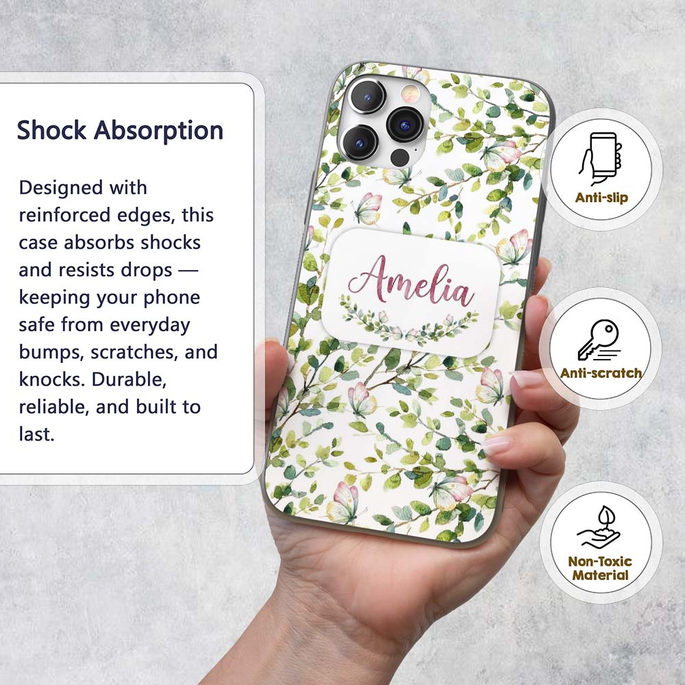 Watercolor Butterflies Green Leaves Branches Custom Name Protective Phone Case Mobile Cover Durable Everyday Smartphone Shock Resistant