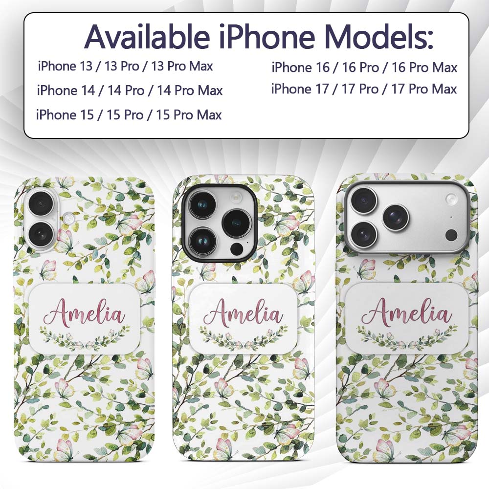 Watercolor Butterflies Green Leaves Branches Custom Name Protective Phone Case Mobile Cover Durable Everyday Smartphone Shock Resistant