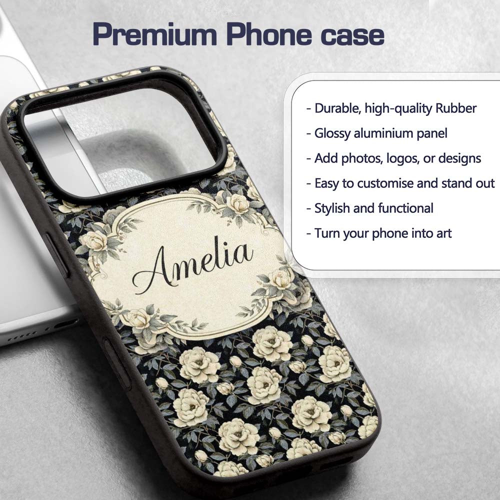 Vintage Cream Rose Botanical Dark Background Custom Name Protective Phone Case Mobile Cover Durable Everyday Smartphone Shock Resistant