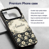 Vintage Cream Rose Botanical Dark Background Custom Name Protective Phone Case Mobile Cover Durable Everyday Smartphone Shock Resistant