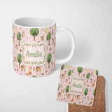 Personalized Custom Name Watercolor Forest Animals Deer Owl Mushrooms Stars Seamless Pattern 11oz Ceramic Coffee Tea Mug White Large Handle