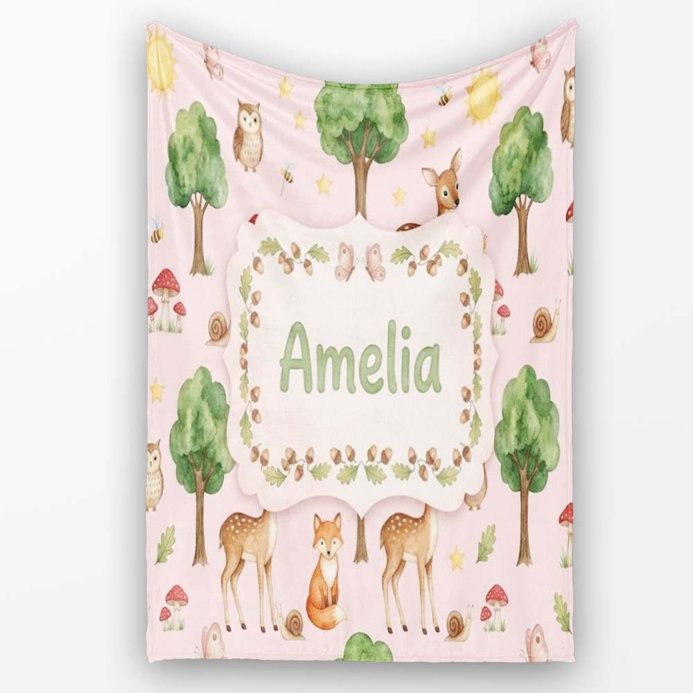 Watercolor Forest Animals Deer Owl Mushrooms Stars Seamless Pattern  Personalised Custom Name Super Soft Fleece Blanket Bed Sofa Throw