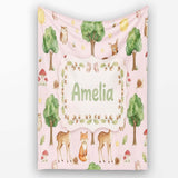 Watercolor Forest Animals Deer Owl Mushrooms Stars Seamless Pattern  Personalised Custom Name Super Soft Fleece Blanket Bed Sofa Throw