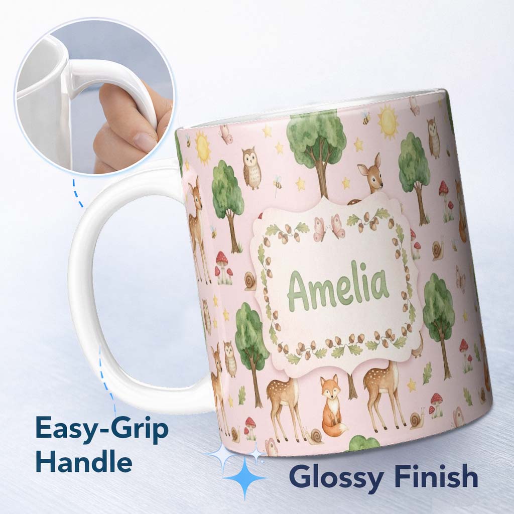 Personalized Custom Name Watercolor Forest Animals Deer Owl Mushrooms Stars Seamless Pattern 11oz Ceramic Coffee Tea Mug White Large Handle