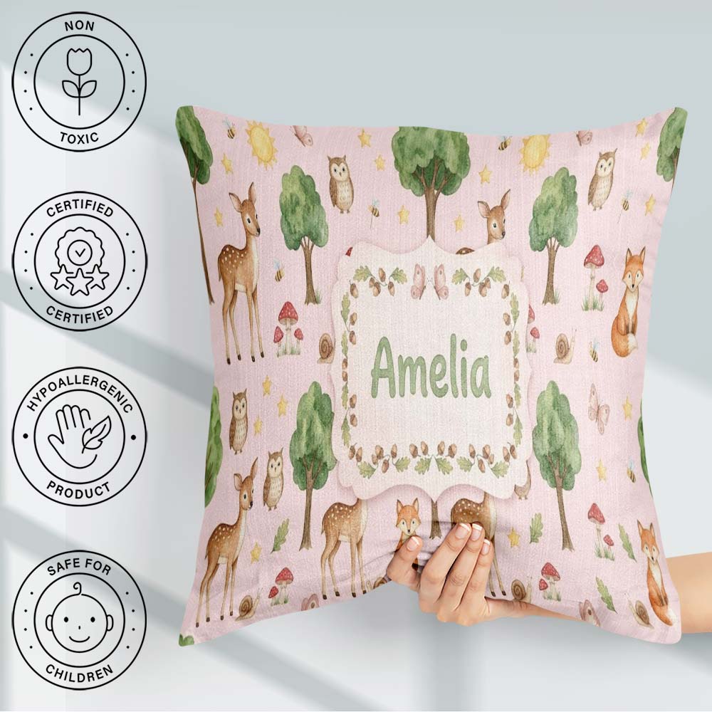 Custom Name Watercolor Animals Deer Owl Mushrooms Stars Seamless Square Filled Cushion Throw Pillow Sofa Bed Home Decor Zip Washable UK Made