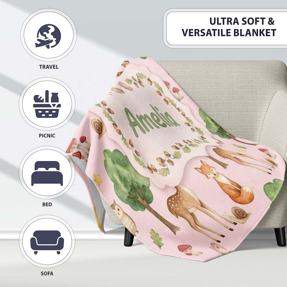 Watercolor Forest Animals Deer Owl Mushrooms Stars Seamless Pattern  Personalised Custom Name Super Soft Fleece Blanket Bed Sofa Throw