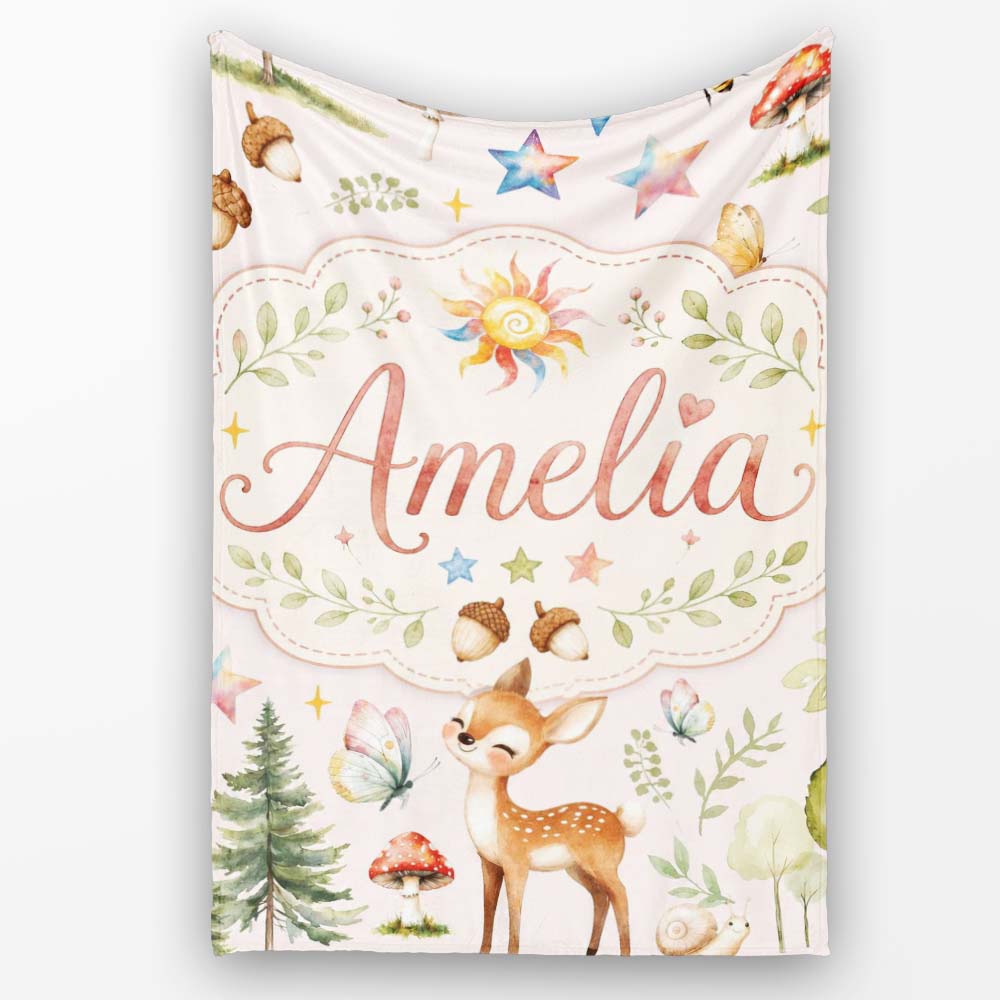 Watercolor Forest Animals Deer Owl Mushrooms Stars Seamless Pattern  Personalised Custom Name Super Soft Fleece Blanket Bed Sofa Throw