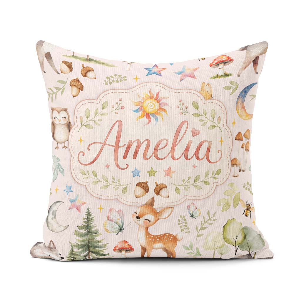 Custom Name Watercolor Animals Deer Owl Mushrooms Stars Seamless Square Filled Cushion Throw Pillow Sofa Bed Home Decor Zip Washable UK Made
