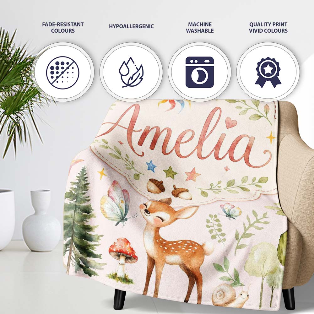 Watercolor Forest Animals Deer Owl Mushrooms Stars Seamless Pattern  Personalised Custom Name Super Soft Fleece Blanket Bed Sofa Throw