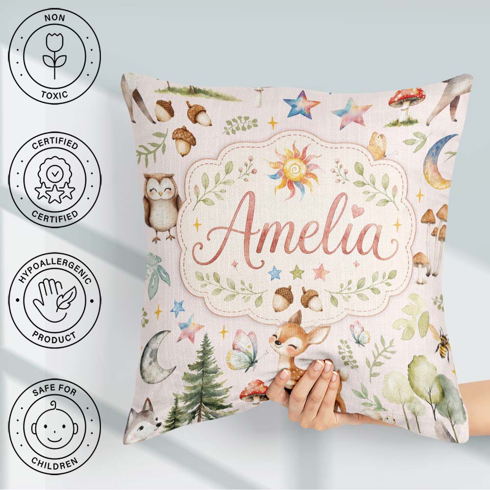 Custom Name Watercolor Animals Deer Owl Mushrooms Stars Seamless Square Filled Cushion Throw Pillow Sofa Bed Home Decor Zip Washable UK Made