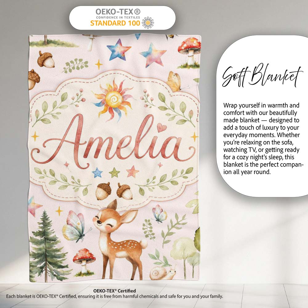 Watercolor Forest Animals Deer Owl Mushrooms Stars Seamless Pattern  Personalised Custom Name Super Soft Fleece Blanket Bed Sofa Throw