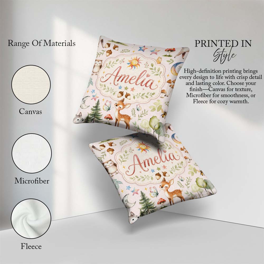 Custom Name Watercolor Animals Deer Owl Mushrooms Stars Seamless Square Filled Cushion Throw Pillow Sofa Bed Home Decor Zip Washable UK Made