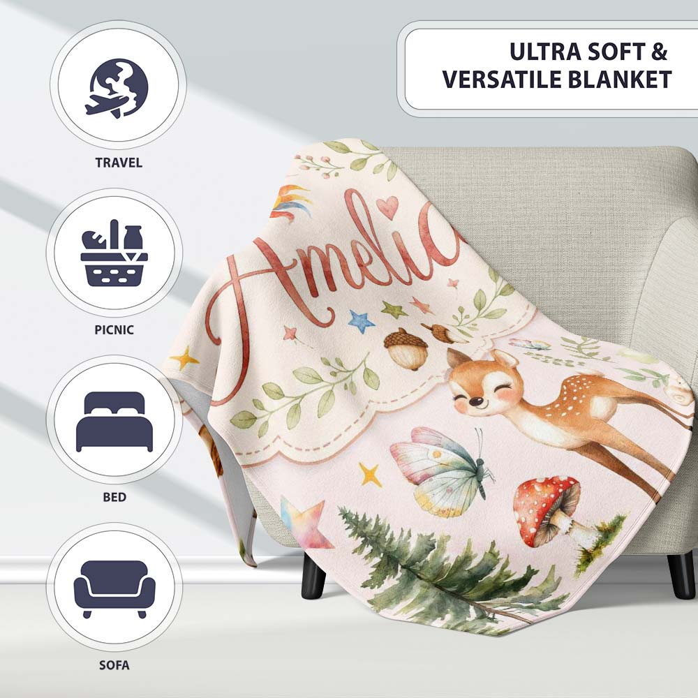 Watercolor Forest Animals Deer Owl Mushrooms Stars Seamless Pattern  Personalised Custom Name Super Soft Fleece Blanket Bed Sofa Throw
