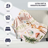 Watercolor Forest Animals Deer Owl Mushrooms Stars Seamless Pattern  Personalised Custom Name Super Soft Fleece Blanket Bed Sofa Throw