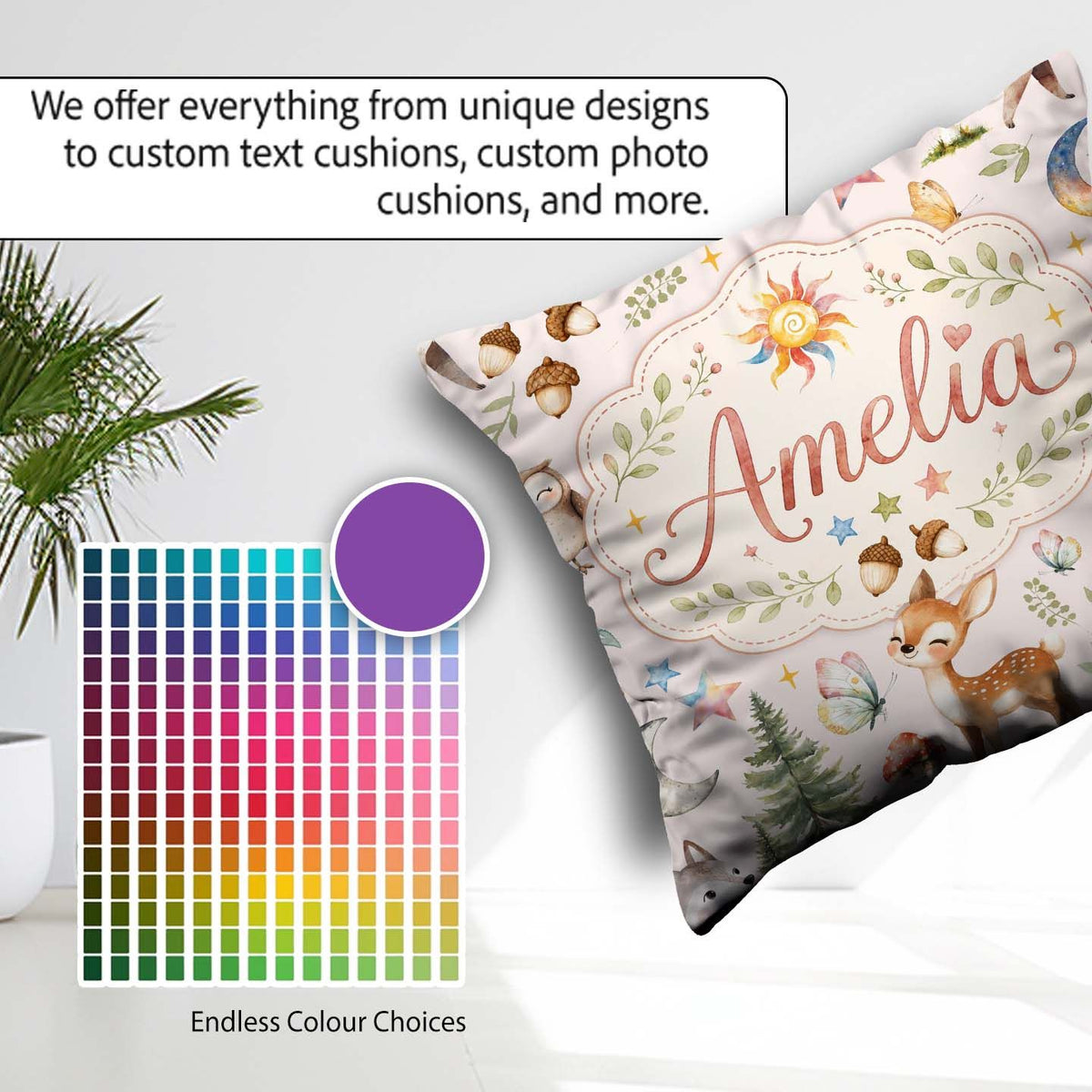 Custom Name Watercolor Animals Deer Owl Mushrooms Stars Seamless Square Filled Cushion Throw Pillow Sofa Bed Home Decor Zip Washable UK Made