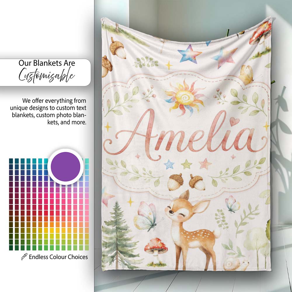 Watercolor Forest Animals Deer Owl Mushrooms Stars Seamless Pattern  Personalised Custom Name Super Soft Fleece Blanket Bed Sofa Throw
