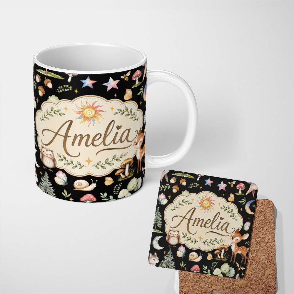 Personalized Custom Name Watercolor Forest Animals Deer Owl Mushrooms Stars Seamless Pattern 11oz Ceramic Coffee Tea Mug White Large Handle