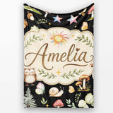 Watercolor Forest Animals Deer Owl Mushrooms Stars Seamless Pattern  Personalised Custom Name Super Soft Fleece Blanket Bed Sofa Throw