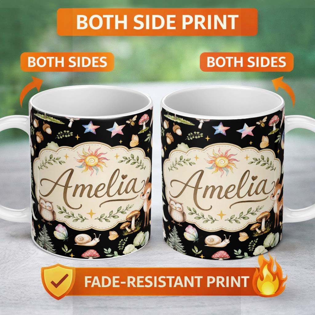 Personalized Custom Name Watercolor Forest Animals Deer Owl Mushrooms Stars Seamless Pattern 11oz Ceramic Coffee Tea Mug White Large Handle