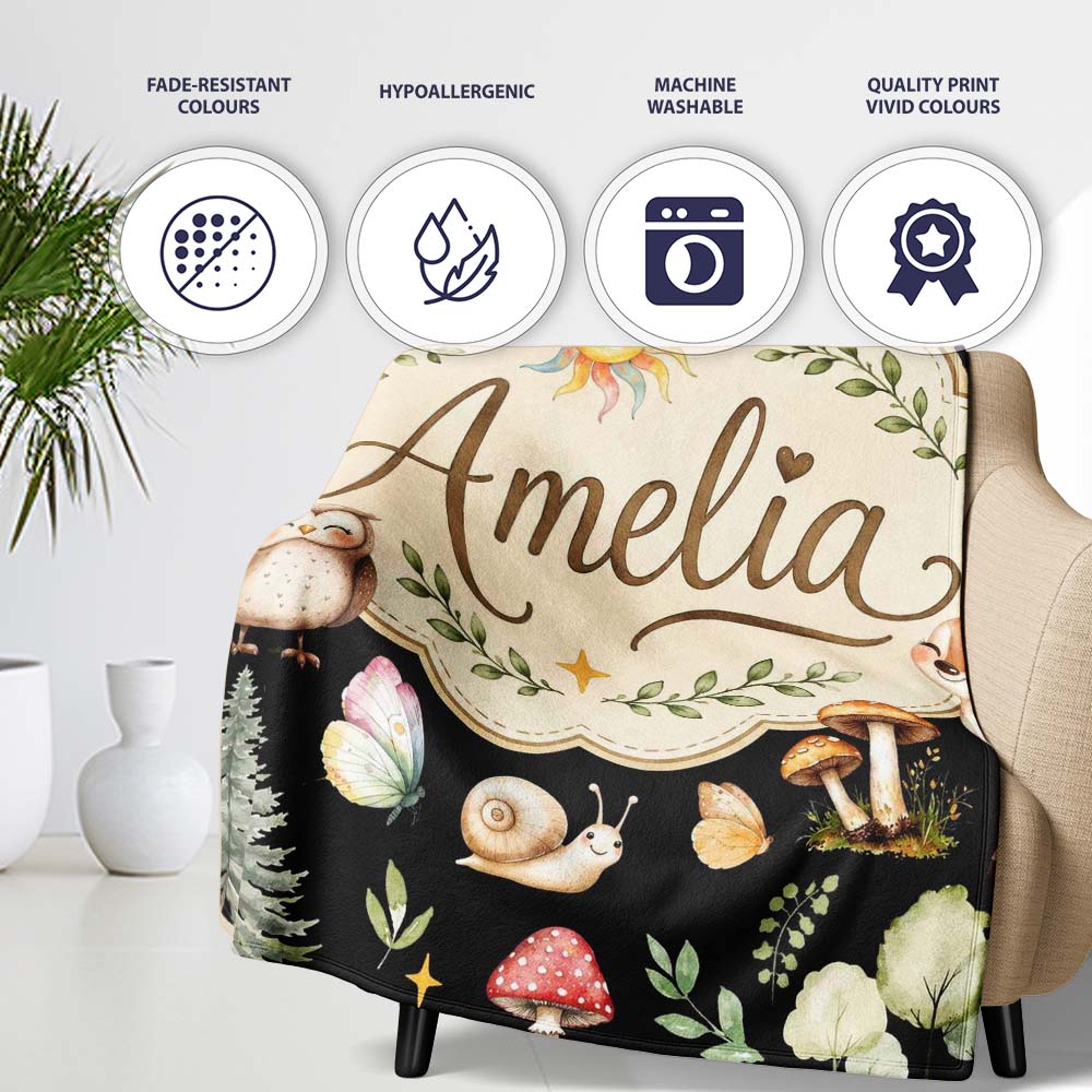 Watercolor Forest Animals Deer Owl Mushrooms Stars Seamless Pattern  Personalised Custom Name Super Soft Fleece Blanket Bed Sofa Throw