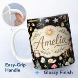 Personalized Custom Name Watercolor Forest Animals Deer Owl Mushrooms Stars Seamless Pattern 11oz Ceramic Coffee Tea Mug White Large Handle
