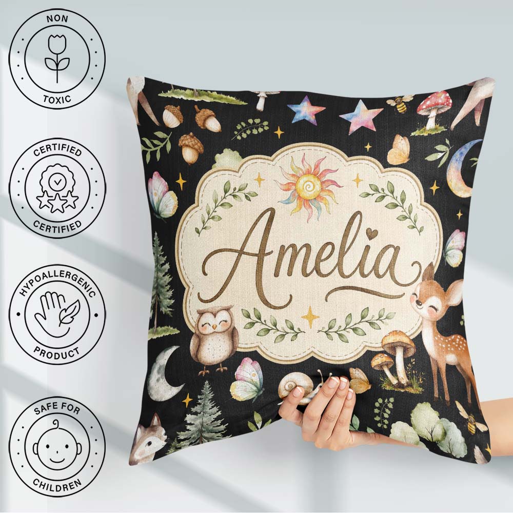 Custom Name Watercolor Animals Deer Owl Mushrooms Stars Seamless Square Filled Cushion Throw Pillow Sofa Bed Home Decor Zip Washable UK Made